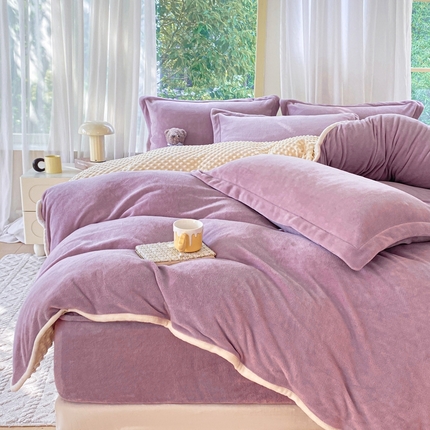 赫梵茜 2024新款高克重安抚豆豆被套加厚牛奶绒床盖加厚牛奶绒夹棉床笠四件套 新款淡紫