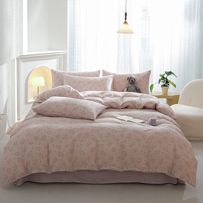 91家纺网 家纺一手货源 找家纺 麦伦家居 2024秋冬新款A类全棉有氧双层纱四件套 普罗旺斯粉