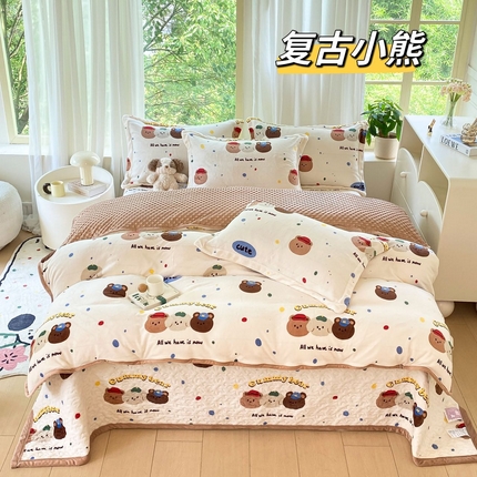 91家纺网 家纺一手货源 找家纺 总 赫梵茜 2024新款高克重安抚豆豆被套牛奶绒夹棉床盖四件套 