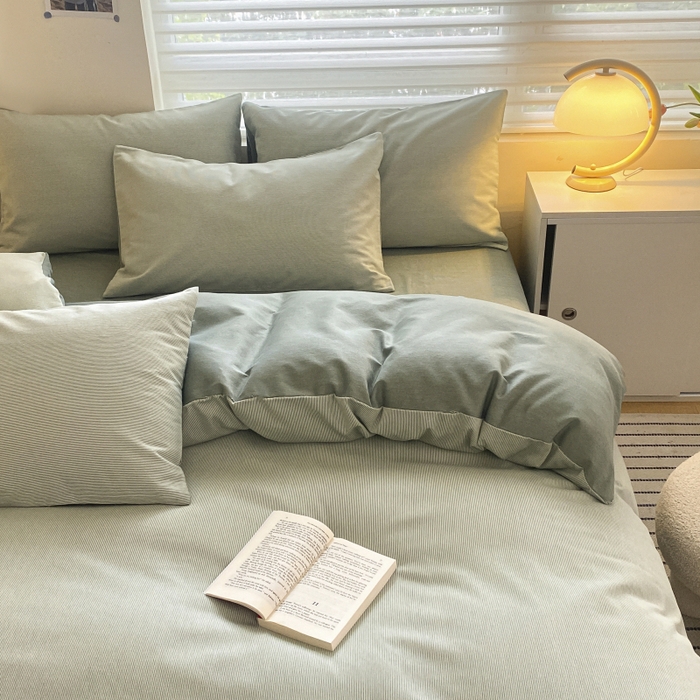 91家纺网 家纺一手货源 找家纺 慕尚家纺 2025新款原棉磨毛四件套单被套系列-四件套 细条暮山灰蓝