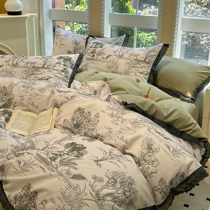 91家纺网 家纺一手货源 找家纺 沐辰 2024新款A类全棉磨毛花边款四件套 花边款-水木年华