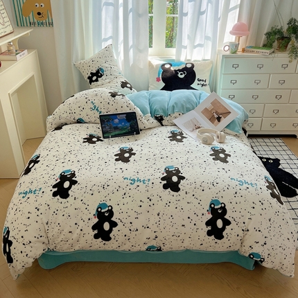 桃喜 2024秋冬新品卡通混搭牛奶绒系列四件套 小黑熊
