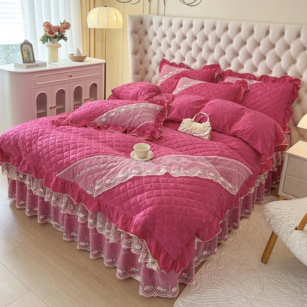 网红馆（ck家纺） 2025新款高克重天鹅绒刺绣床裙四件套-花语秘境 花语秘境-浆果红