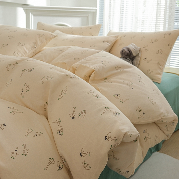 91家纺网 家纺一手货源 找家纺 麦伦家居 2024秋冬新款A类全棉有氧双层纱四件套 大鹅