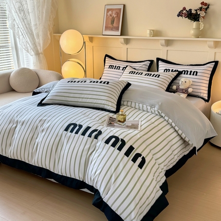 花沐家居 2024新款亲肤云朵棉四件套加厚印花高克重磨毛四件套直播爆款 条纹绿