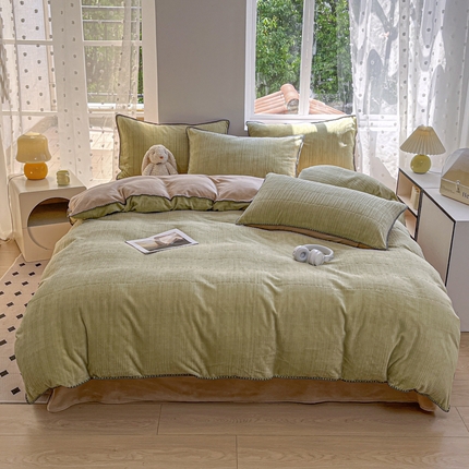 91家纺网 家纺一手货源 找家纺 （总）晚依家纺 2024新款230g纯色立体雕花牛奶绒四件套贝壳边加厚保暖定制定做