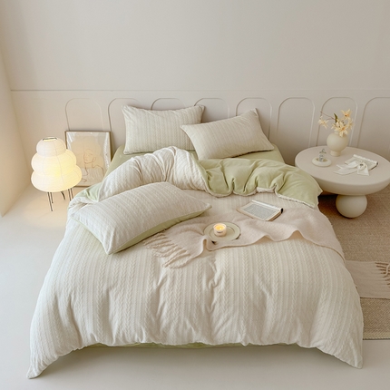 2024新款雕花绒牛奶绒四件套--麦穗系列 麦穗奶白绿