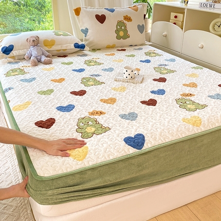 赫梵茜 2024新款高克重安抚豆豆被套牛奶绒夹棉床笠四件套 爱心恐龙