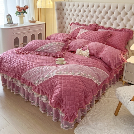 网红馆（ck家纺） 2025新款高克重天鹅绒刺绣床裙四件套-花语秘境 花语秘境-优雅粉