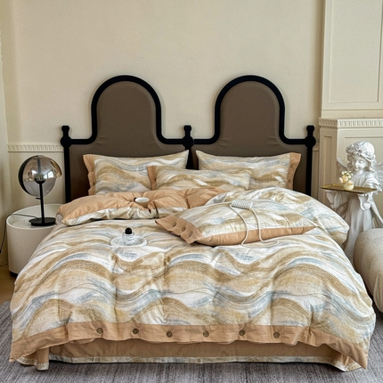 泽西家纺 2024新款数码印花全棉磨毛纽扣款纯棉磨毛四件套 诺拉