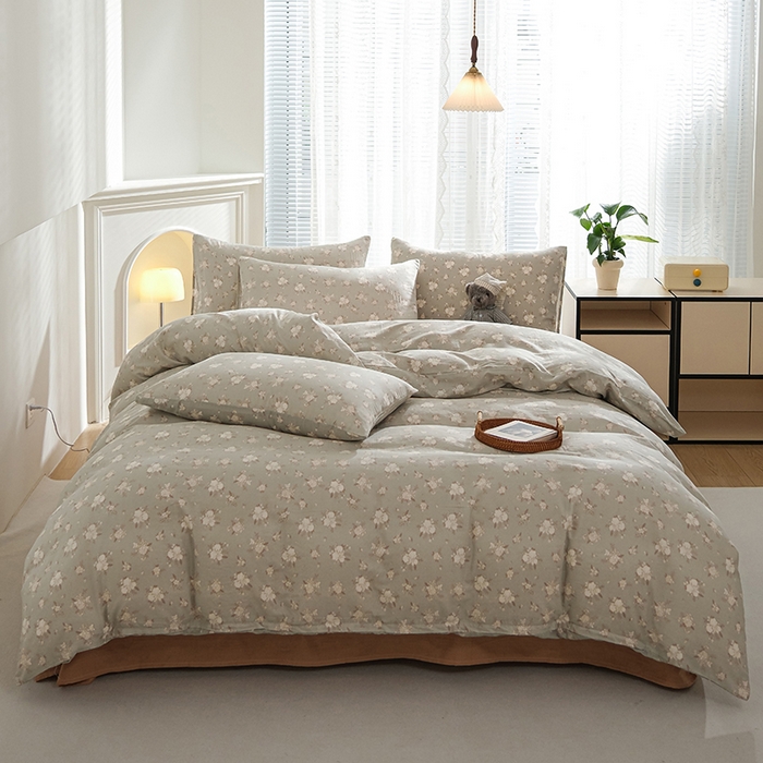 91家纺网 家纺一手货源 找家纺 麦伦家居 2024秋冬新款A类全棉有氧双层纱四件套 白茶