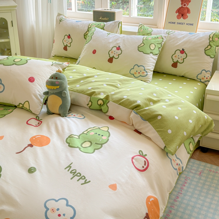 91家纺网 家纺一手货源 找家纺 清雅福 2024新款全棉13070印花单品系列-四件套 恐龙日记米