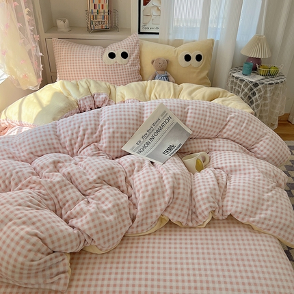 桃子家居 2024新款A类ins加厚毛巾绣大眼萌混搭撞色牛奶绒系列四件套 绒毛巾绣-大眼萌黄黄粉格2