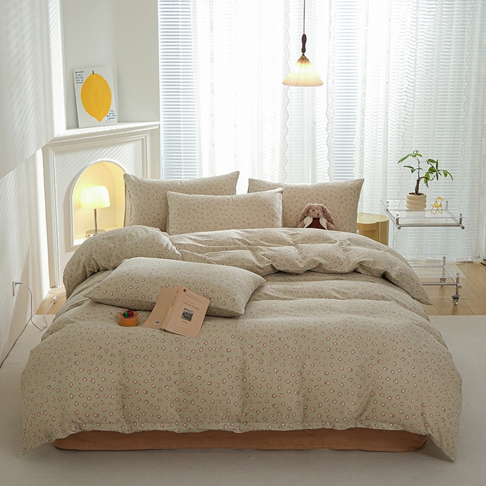 91家纺网 家纺一手货源 找家纺 麦伦家居 2024秋冬新款A类全棉有氧双层纱四件套 豹纹绿