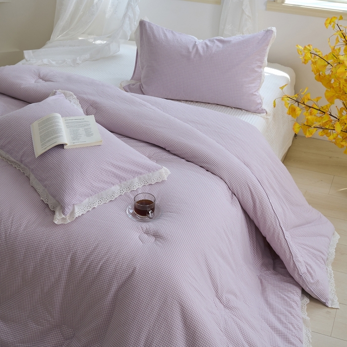 91家纺网 家纺一手货源 找家纺 久典家居 2024新款A类全棉色织水洗棉花边款大豆被 糖果紫