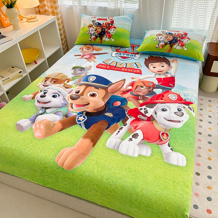 91家纺网 家纺一手货源 找家纺 ds生活馆 2026新款大版数码印花牛奶绒单床笠 汪汪队