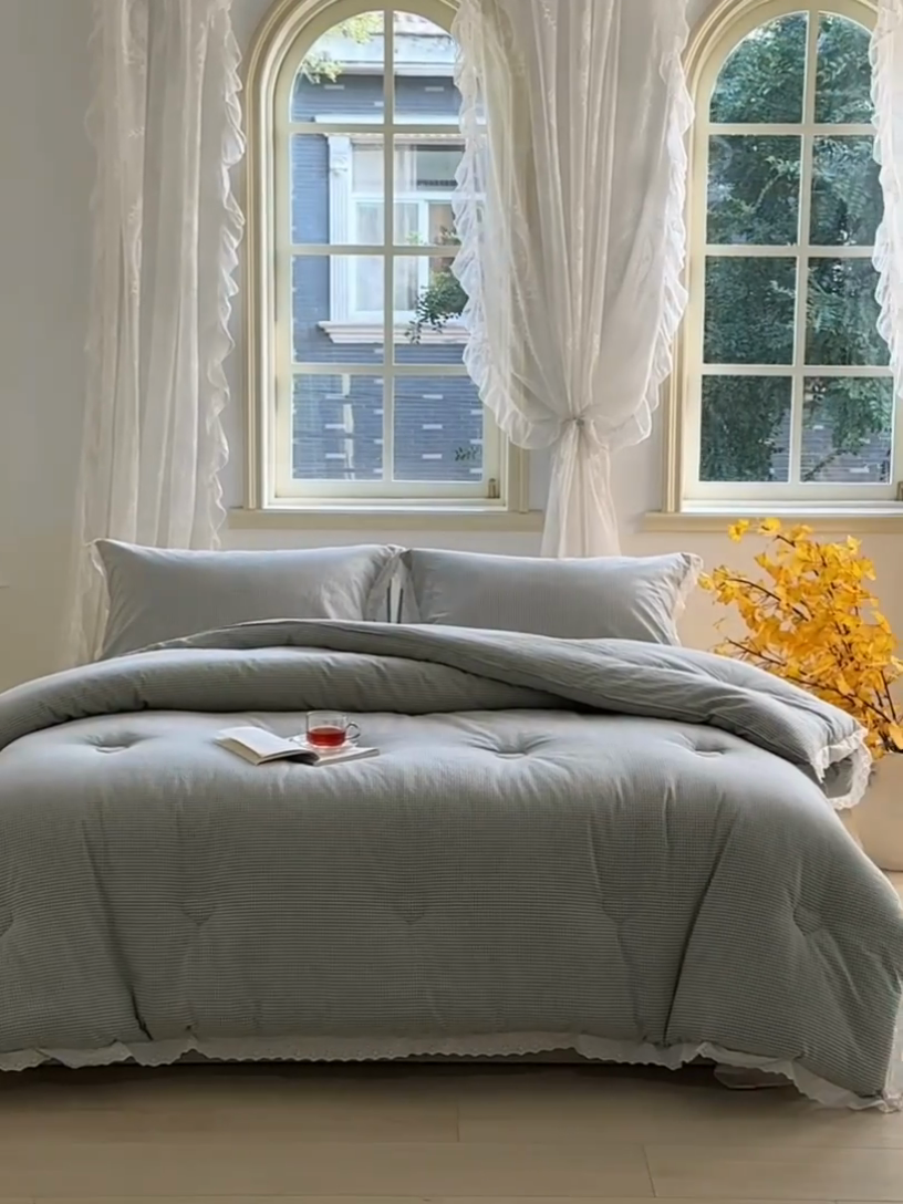 91家纺网 家纺一手货源 找家纺 久典家居 2024新款A类全棉色织水洗棉花边款大豆被 糖果绿