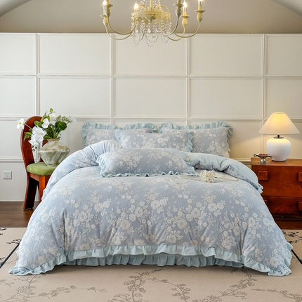 野合家纺 2024新款法式A类雕花牛奶绒韩版公主风四件套床盖款床单款床笠款 花开花艳-蓝