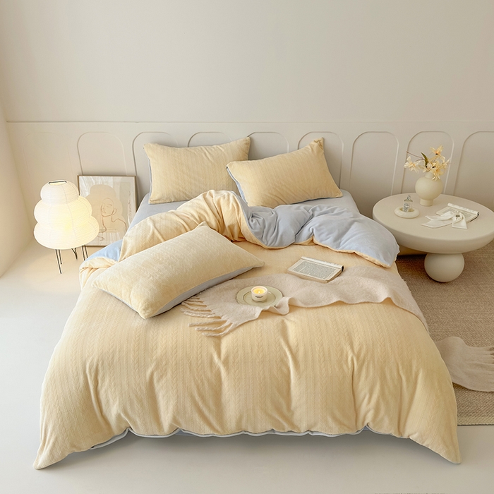 91家纺网 家纺一手货源 找家纺 2024新款雕花绒牛奶绒四件套--麦穗系列 麦穗黄蓝