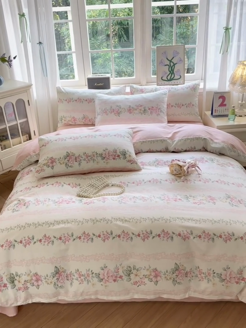 91家纺网 家纺一手货源 找家纺 清雅福 2024新款全棉13070印花单品系列-四件套 花梦初粉