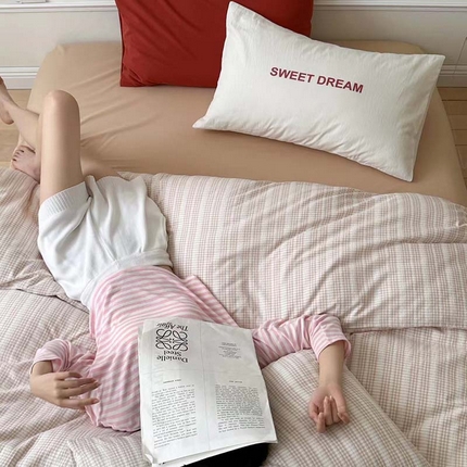 艾沁家纺 2024新款40S全棉色织水洗提花条纹四件套 花漾-咖（配1只字母枕+1只砖红枕）