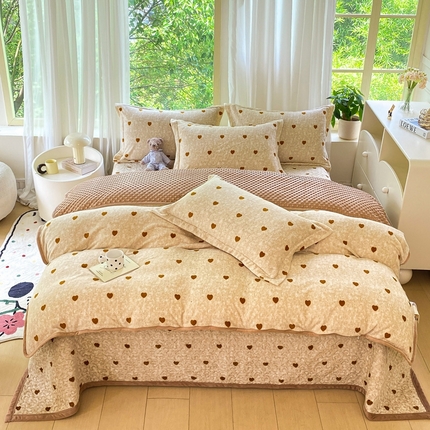 赫梵茜 2024新款高克重安抚豆豆被套牛奶绒夹棉床盖四件套 黄色爱心