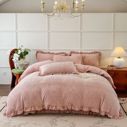 野合家纺 2024新款法式A类雕花牛奶绒韩版公主风四件套床盖款床单款床笠款 麦芮-豆沙