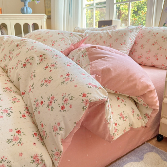 91家纺网 家纺一手货源 找家纺 清雅福 2024新款全棉13070印花单品系列-四件套 四季飘香粉