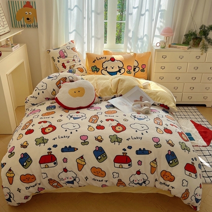 91家纺网 家纺一手货源 找家纺 桃喜 2024新秋冬新品卡通混搭牛奶绒系列四件套 涂鸦乐园