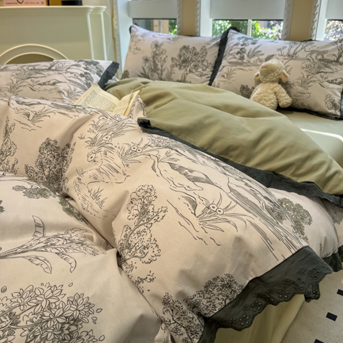 91家纺网 家纺一手货源 找家纺 沐辰 2024新款A类全棉磨毛花边款四件套 花边款-水木年华