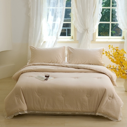 91家纺网 家纺一手货源 找家纺 久典家居 2024新款A类全棉色织水洗棉花边款大豆被 糖果卡其