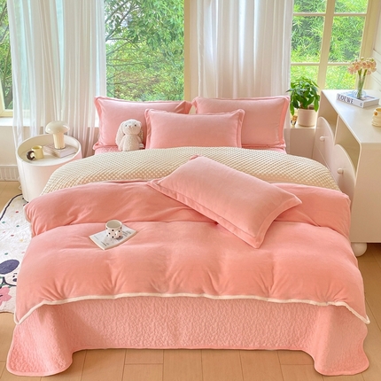 赫梵茜 2024新款高克重安抚豆豆被套牛奶绒夹棉床盖四件套 新款粉色