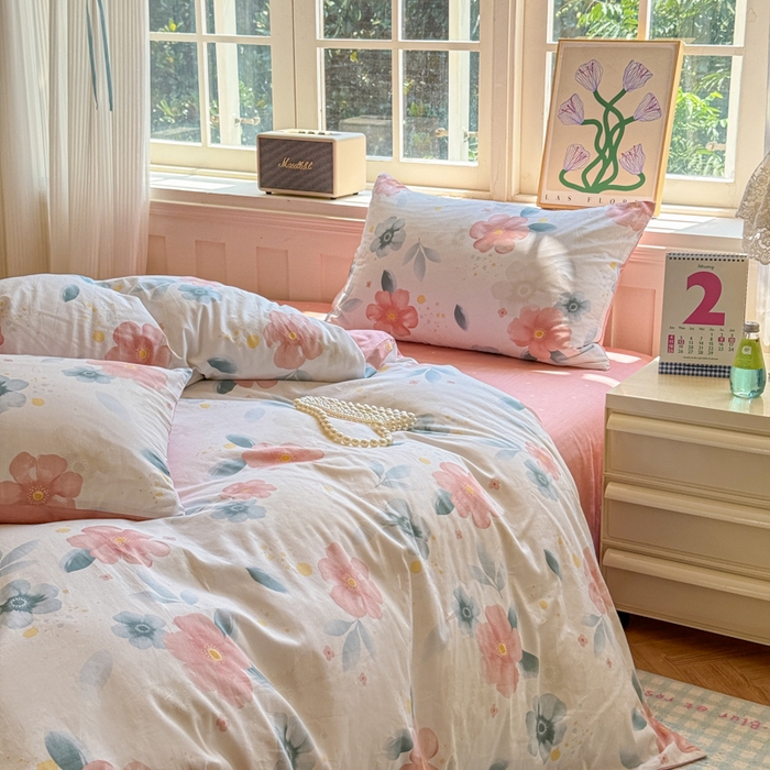 91家纺网 家纺一手货源 找家纺 清雅福 2024新款全棉13070印花单品系列-四件套 半夏清风粉