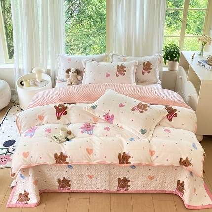 赫梵茜 2024新款高克重安抚豆豆被套牛奶绒夹棉床盖四件套 熊宝宝