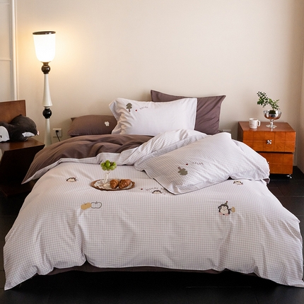 FORTWO家纺原创设计（FOR TWO家纺） 2024新款50S格子磨毛刺绣四件套	 小呆