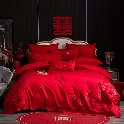 91家纺网 家纺一手货源 找家纺 蒂爵 全棉纯棉1长绒棉刺绣高端时尚款婚庆四件套多件套 罗曼蒂克红