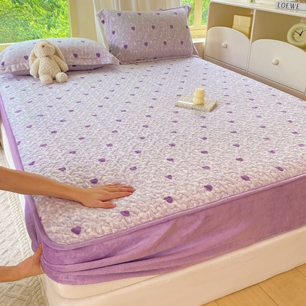 赫梵茜 2024新款高克重安抚豆豆被套牛奶绒夹棉床笠四件套 紫爱心