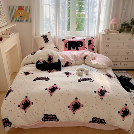 桃喜 2024秋冬新品卡通混搭牛奶绒系列四件套 睡觉小黑猫