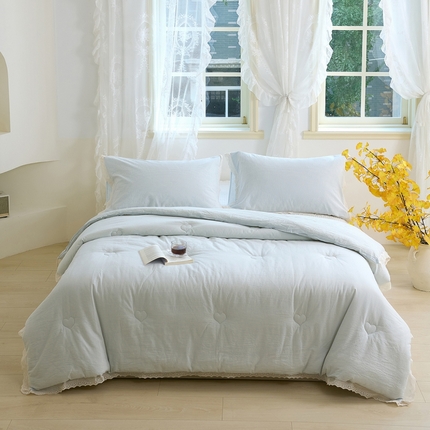 久典家居 2024新款A类全棉色织水洗棉花边款大豆被 糖果蓝