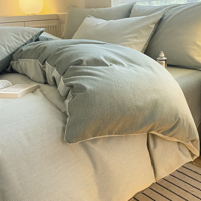 91家纺网 家纺一手货源 找家纺 慕尚家纺 2025新款原棉磨毛四件套单被套系列-单被套 细条暮山灰蓝