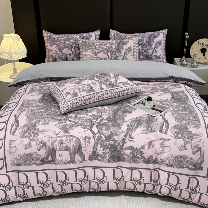 91家纺网 家纺一手货源 找家纺 花沐家居 2024新款亲肤云朵棉四件套加厚印花高克重磨毛四件套直播爆款 灰粉迪