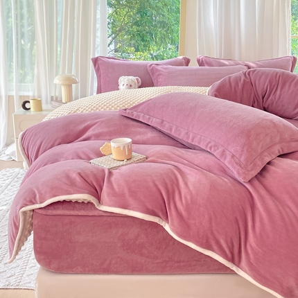 赫梵茜 2024新款高克重安抚豆豆被套加厚牛奶绒床盖加厚牛奶绒夹棉床笠四件套 新款豆沙