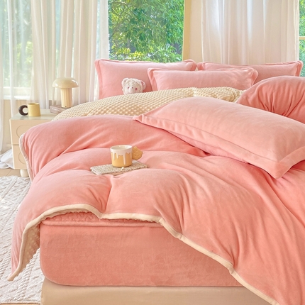 赫梵茜 2024新款高克重安抚豆豆被套加厚牛奶绒床盖加厚牛奶绒夹棉床笠四件套 新款粉色