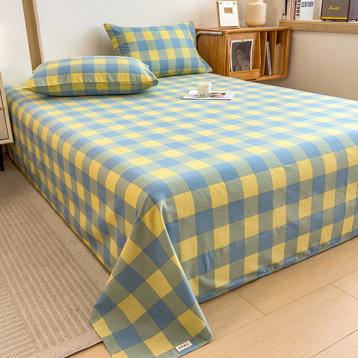 91家纺网 家纺一手货源 找家纺 芃成家纺 2024新款原棉加厚生态磨毛单床单 蓝黄中格