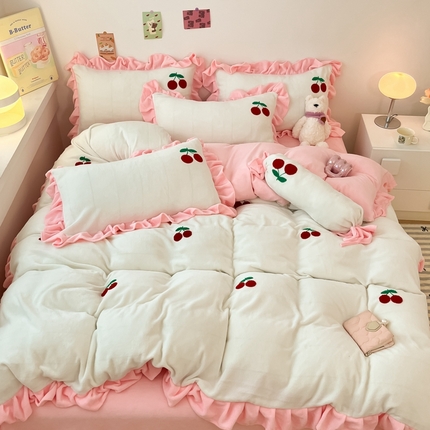 丝印良品 2024秋冬韩版公主风牛奶绒四件套 樱桃