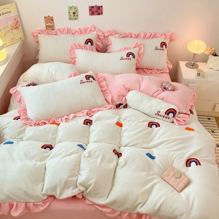丝印良品 2024秋冬韩版公主风牛奶绒四件套 彩虹