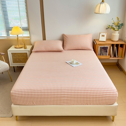 芃成家纺 2024新款原棉加厚生态磨毛单床笠 幸运小格-粉