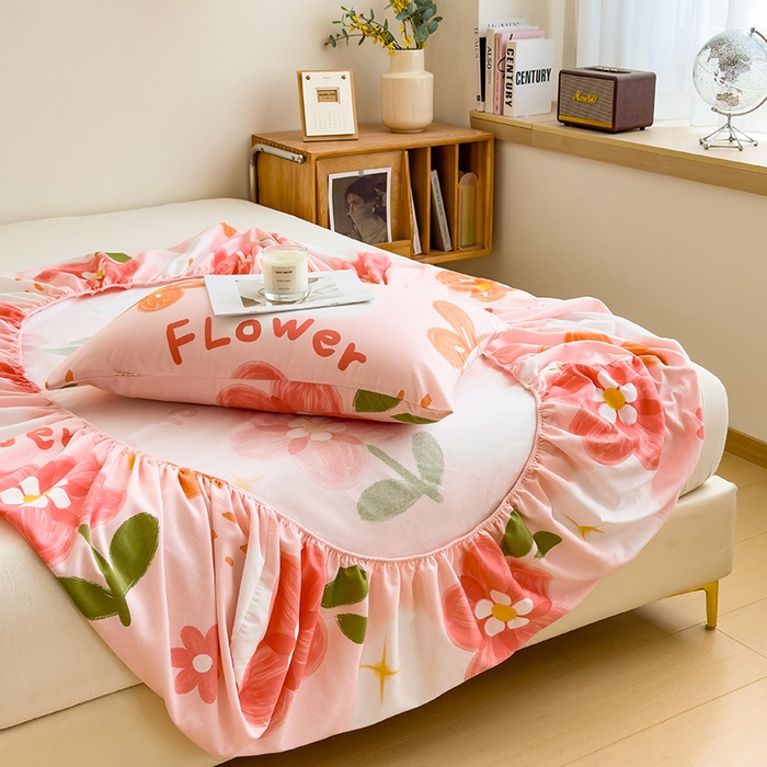 91家纺网 家纺一手货源 找家纺 芃成家纺 2024新款原棉加厚生态磨毛单床笠 秘密花园-粉