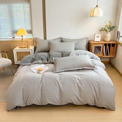 芃成家纺 2024新款原棉加厚生态磨毛四件套 条纹-灰