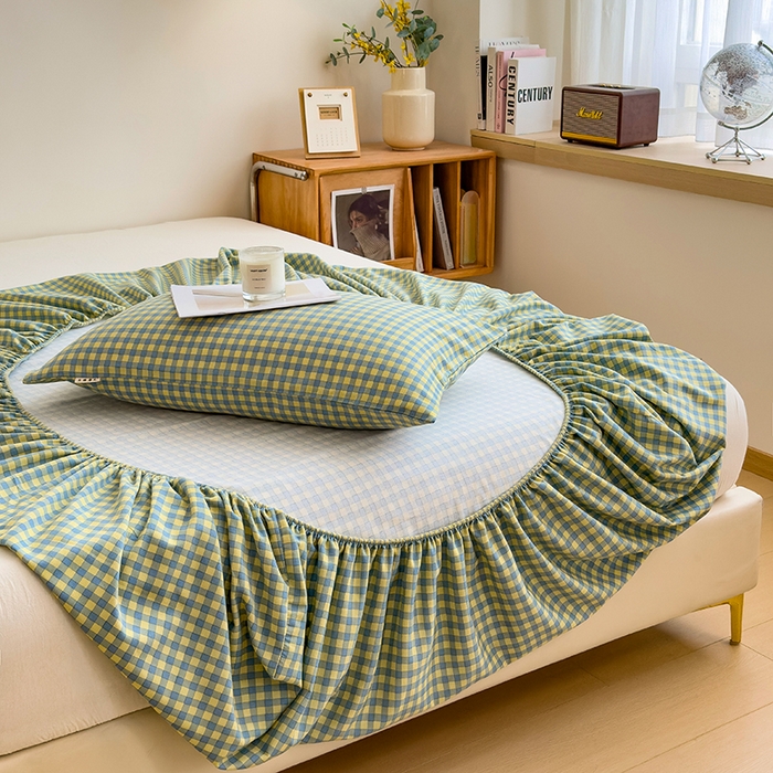 91家纺网 家纺一手货源 找家纺 芃成家纺 2024新款原棉加厚生态磨毛单床笠 蓝黄小格